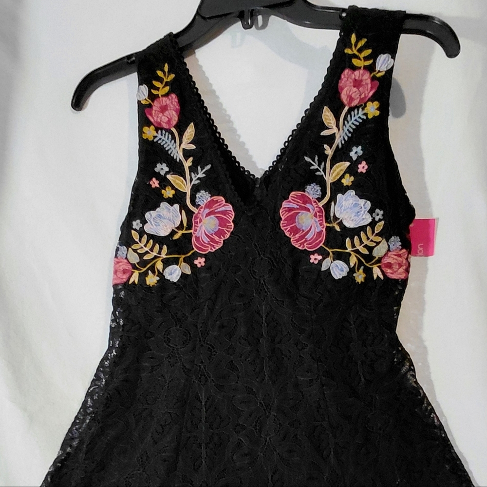Xhilaration Black Dress with Colorful Floral Embroidery